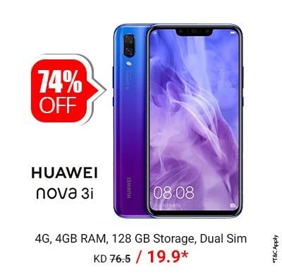   Huawei Nova 3i 4G Smartphone 128GB Storage Only @ 19.9 KD